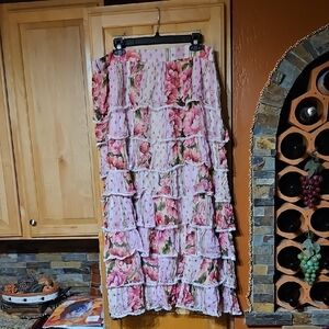 Fillyboo Pink Green Tan Gold White Boho Floral Lace Ruffle Tiered Maxi Skirt